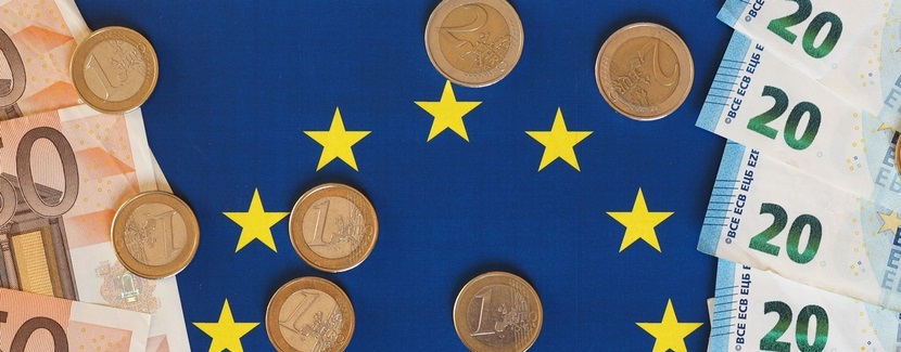  Drapeau Europe entouré de pièces et billets d'euros