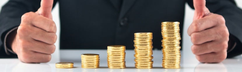  Piles de pièces alignées et satisfaction d'un homme d'affaires