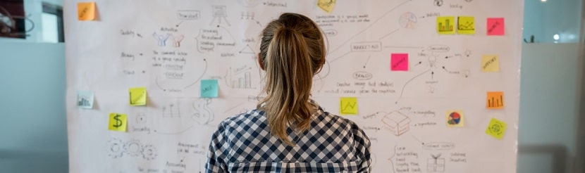  une jeune femme entrepreneur en réflexion devant un tableau 